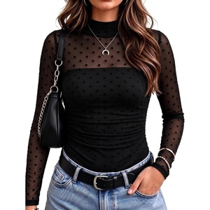 Zeagoo Women’s Mesh Long Sleeve Tops Mock Neck Ruched Sheer Blouse S-2XL(Black Polka Dots)