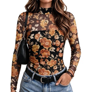 Zeagoo Women’s Mesh Long Sleeve Tops Mock Neck Ruched Sheer Blouse S-2XL(Orange Floral)