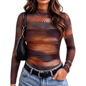 Zeagoo Women’s Mesh Long Sleeve Tops Mock Neck Ruched Sheer Blouse S-2XL(Tie Dye Print)