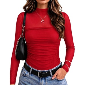 Zeagoo Women’s Mesh Long Sleeve Tops Mock Neck Ruched Sheer Blouse S-2XL(Wine Red)