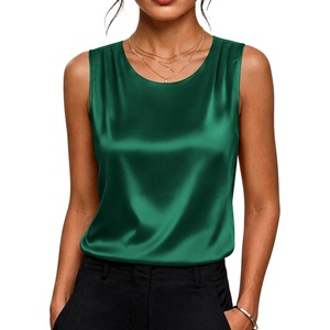 Zeagoo Womens Satin Tank Top Pleated Sleeveless Blouse Dressy Casual Tops(Dark Green)