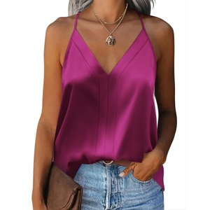 Zeagoo Womens Silk Satin Tank Tops V Neck Sleeveless Blouse Camisole Top(Rose Red)