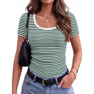 Zeagoo Womens Tops Short Sleeve Rib Knit Basic Tee Scoop Neck Fitted Shirt(Green White Stripes)