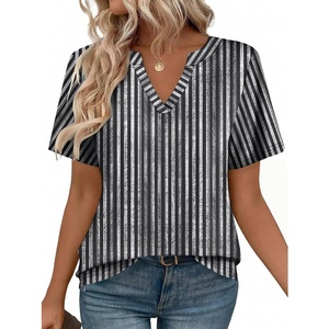 Zeagoo Womens Tops Short Sleeve V Neck Tee Shirts Cute Dressy Casual(Black White Stripes Tz530)