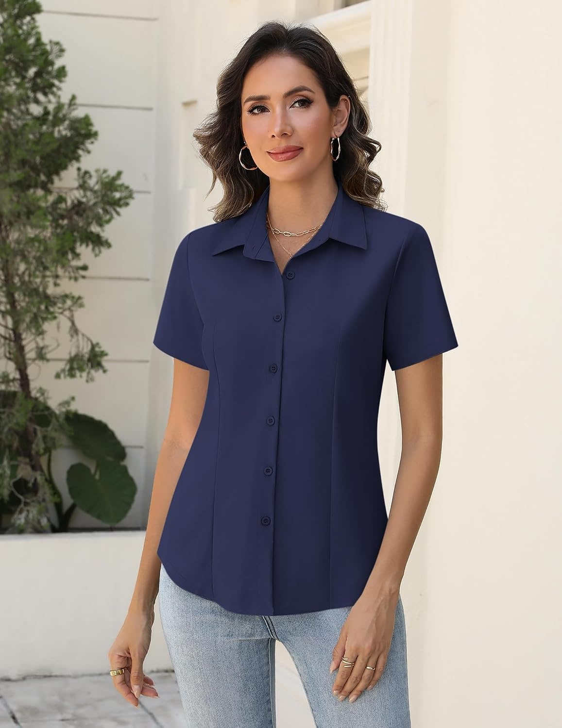 image:imageZeagoo Womens Button Down Shirts Short Sleeve Dress Shirts Business TopsNavy Blue