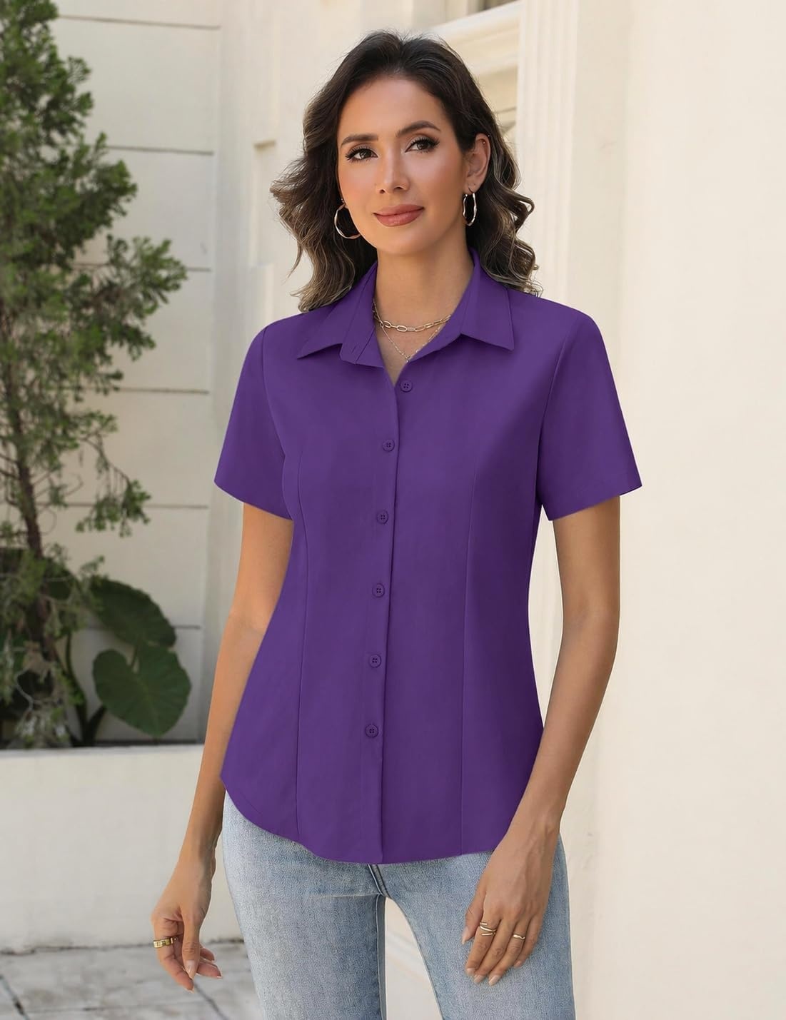 image:imageZeagoo Womens Button Down Shirts Short Sleeve Dress Shirts Business TopsPurple