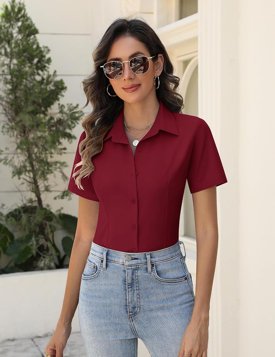 image:imageZeagoo Womens Button Down Shirts Short Sleeve Dress Shirts Business TopsRed