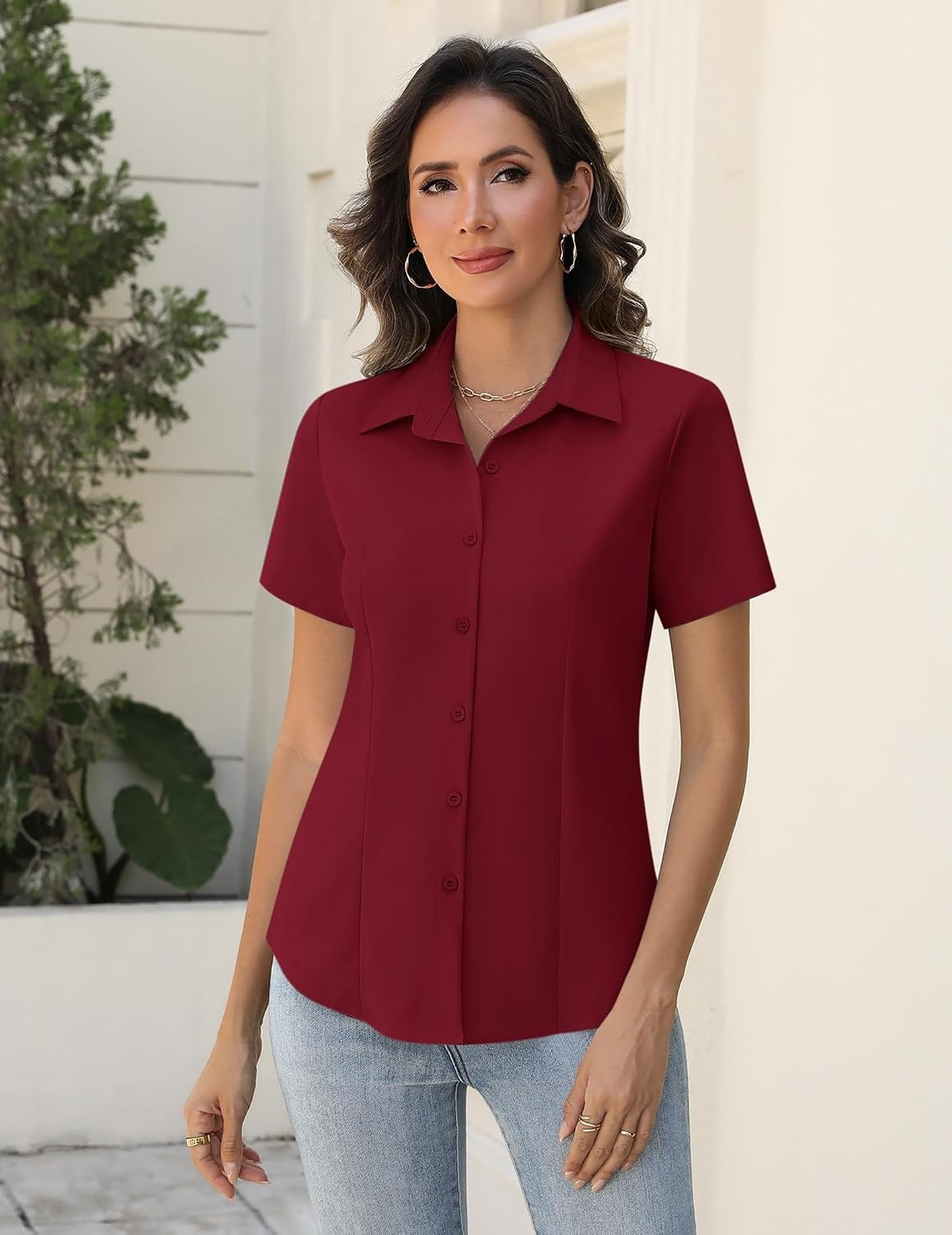image:imageZeagoo Womens Button Down Shirts Short Sleeve Dress Shirts Business TopsRed