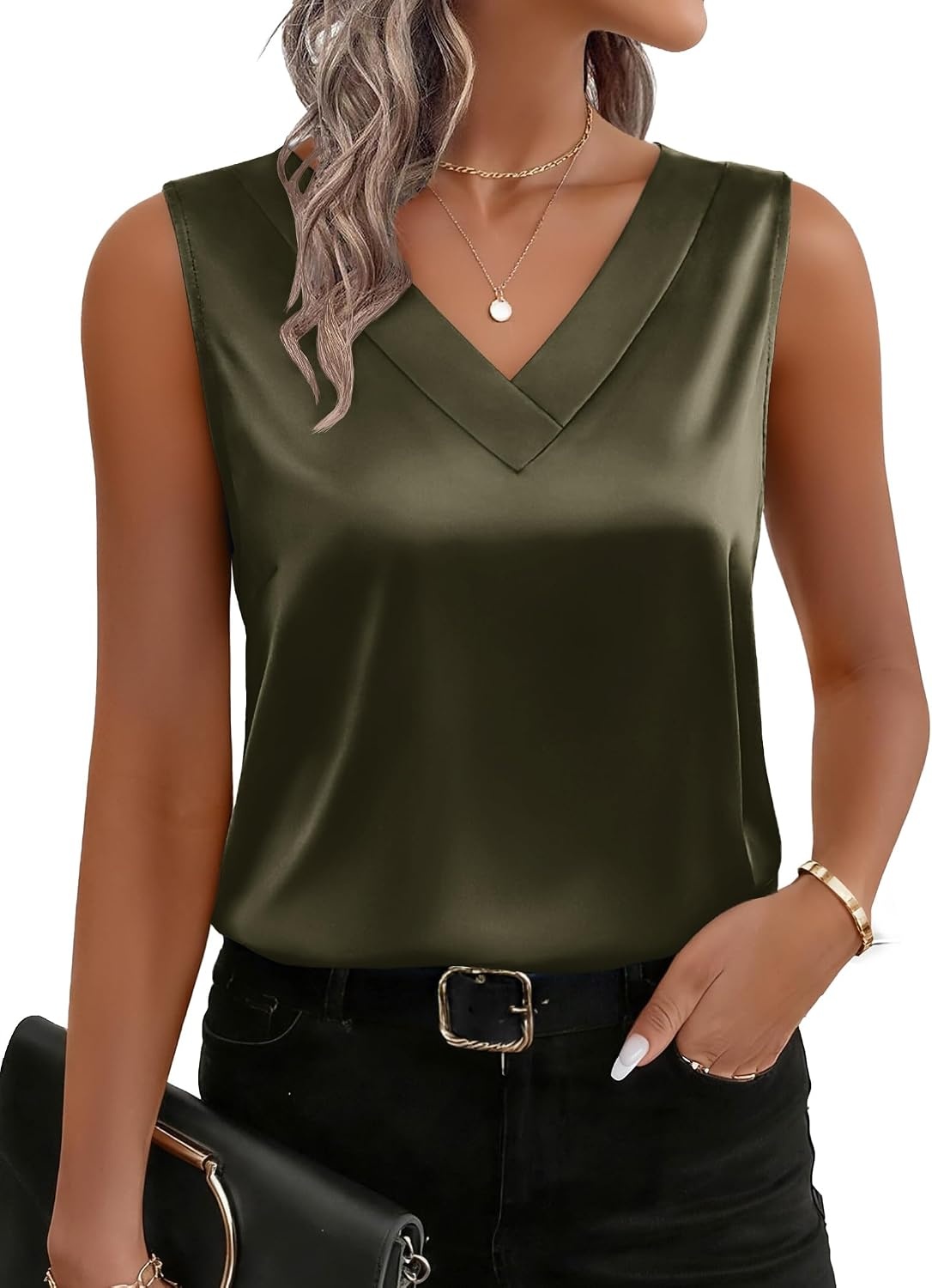 image:imageZeagoo Womens Silk Satin Tank Tops V Neck Camisoles Sleeveless BlousesArmy Green