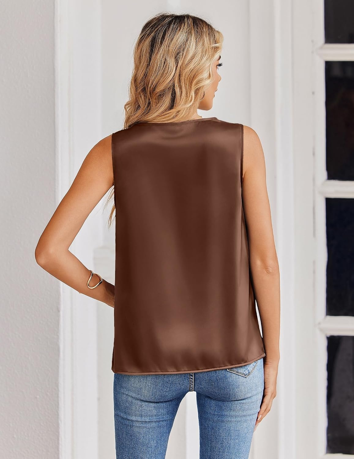 image:imageZeagoo Womens Silk Satin Tank Tops V Neck Camisoles Sleeveless BlousesBrown