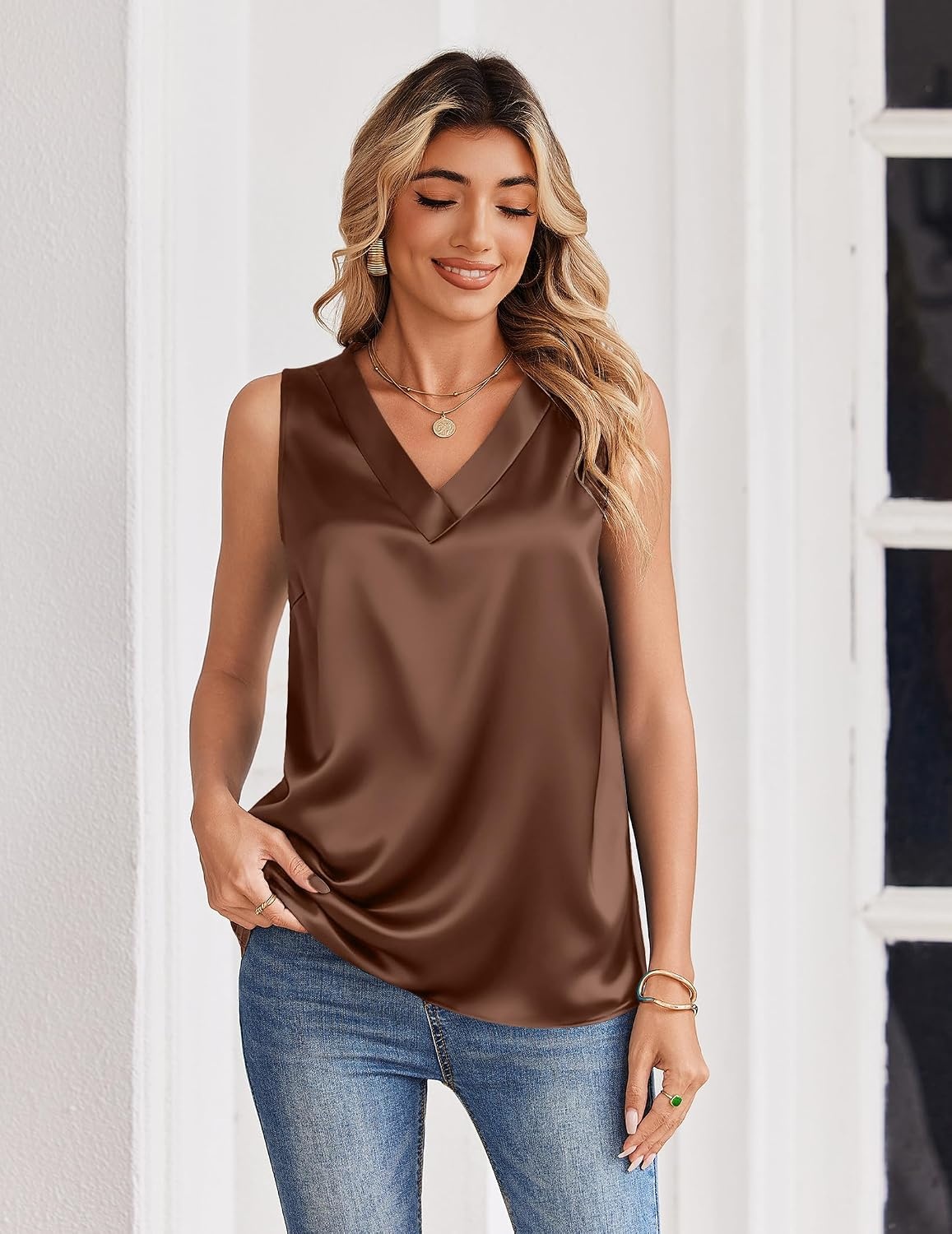 image:imageZeagoo Womens Silk Satin Tank Tops V Neck Camisoles Sleeveless BlousesBrown