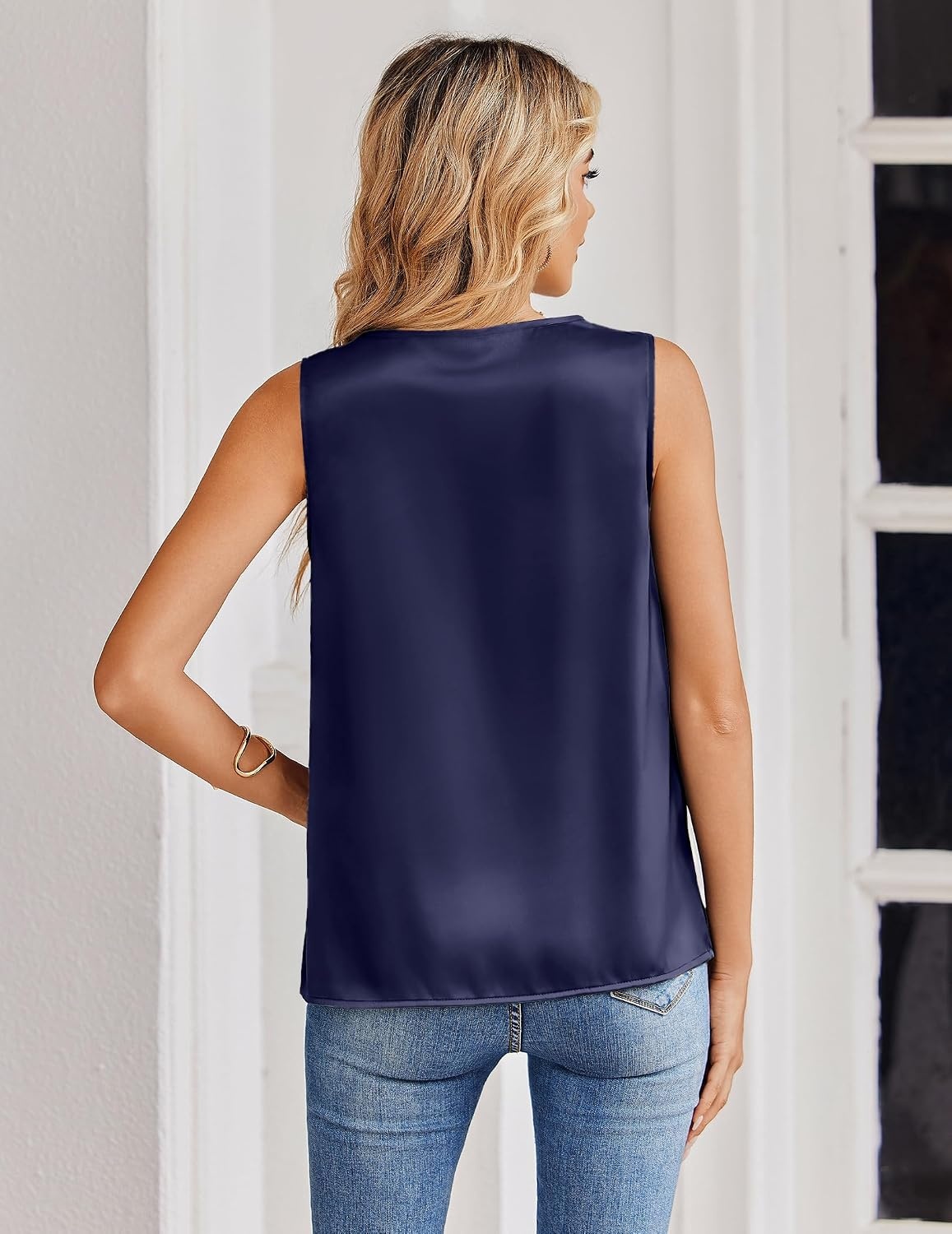 image:imageZeagoo Womens Silk Satin Tank Tops V Neck Camisoles Sleeveless BlousesNavy Blue