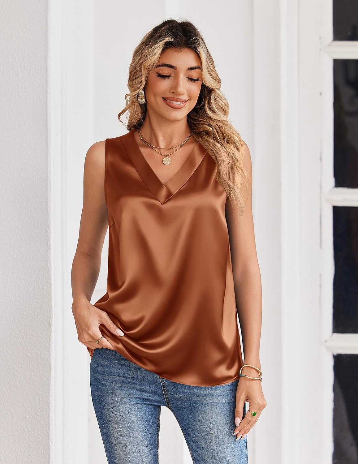 image:imageZeagoo Womens Silk Satin Tank Tops V Neck Camisoles Sleeveless BlousesOrange