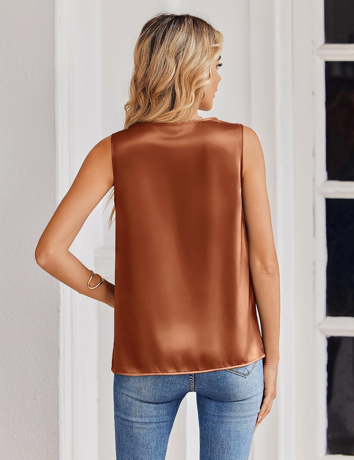 image:imageZeagoo Womens Silk Satin Tank Tops V Neck Camisoles Sleeveless BlousesOrange