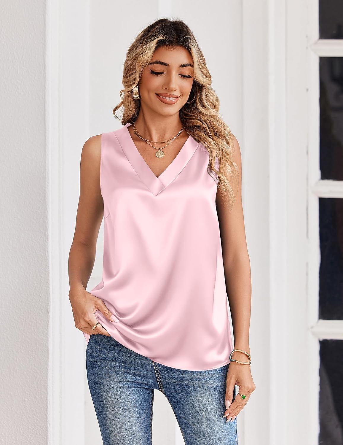 image:imageZeagoo Womens Silk Satin Tank Tops V Neck Camisoles Sleeveless BlousesPink