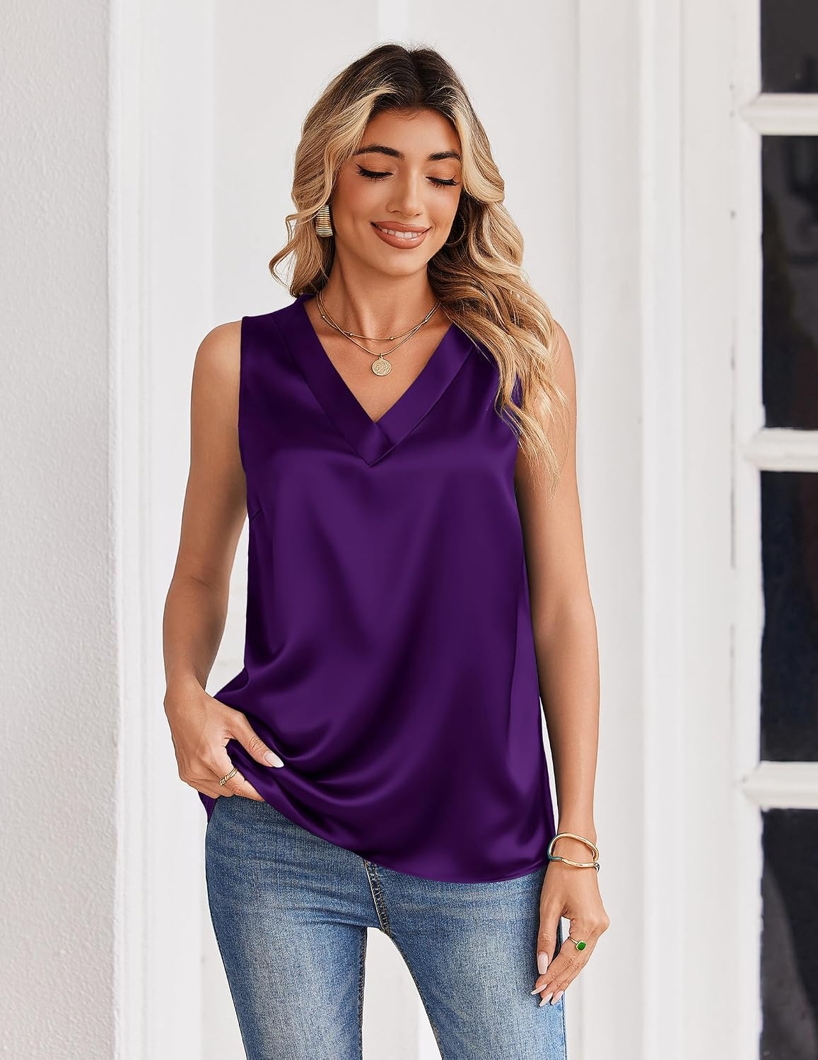 image:imageZeagoo Womens Silk Satin Tank Tops V Neck Camisoles Sleeveless BlousesPurple