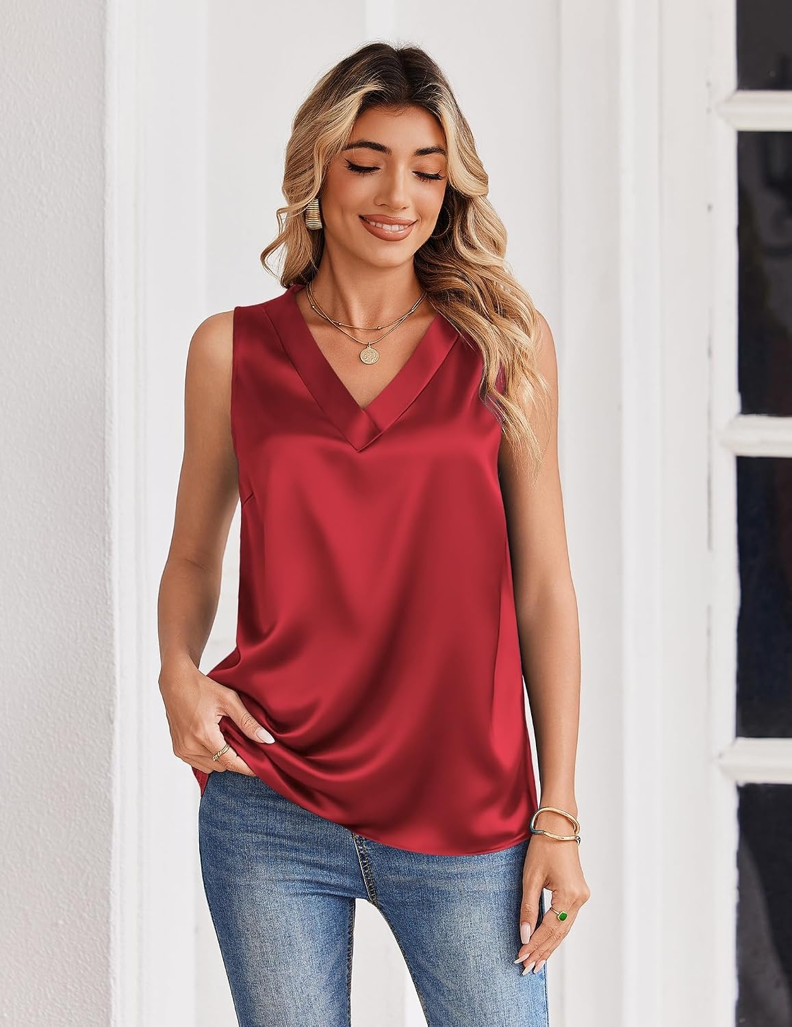 image:imageZeagoo Womens Silk Satin Tank Tops V Neck Camisoles Sleeveless BlousesRed