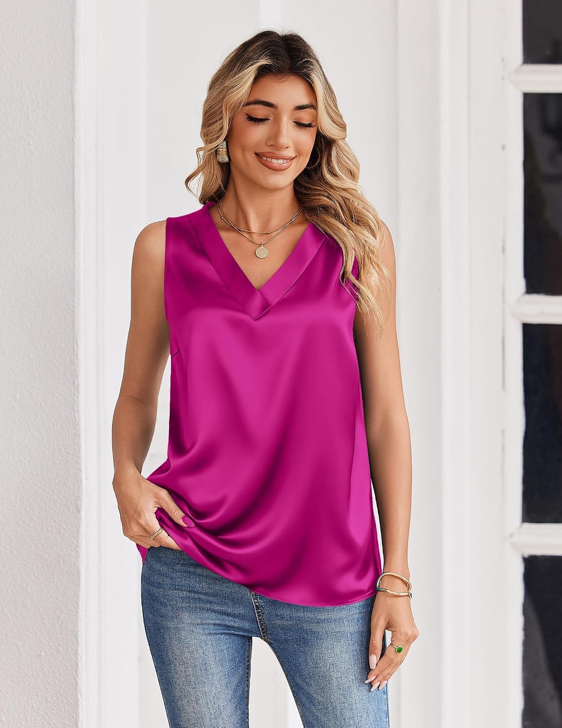 image:imageZeagoo Womens Silk Satin Tank Tops V Neck Camisoles Sleeveless BlousesRose