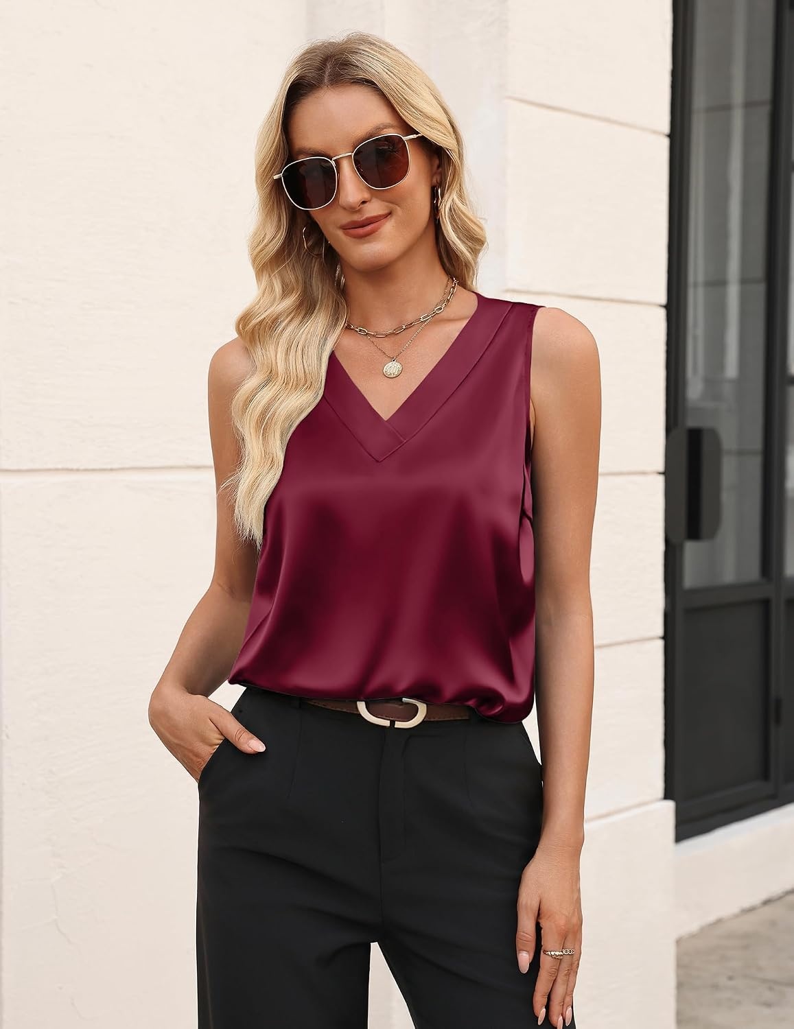 image:imageZeagoo Womens Silk Satin Tank Tops V Neck Camisoles Sleeveless BlousesWine Red