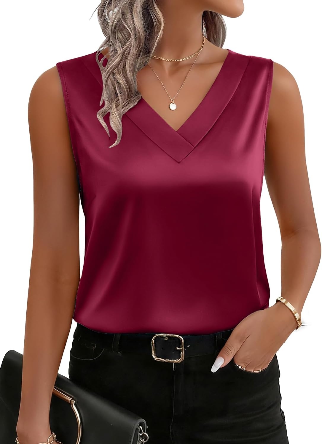 image:imageZeagoo Womens Silk Satin Tank Tops V Neck Camisoles Sleeveless BlousesWine Red