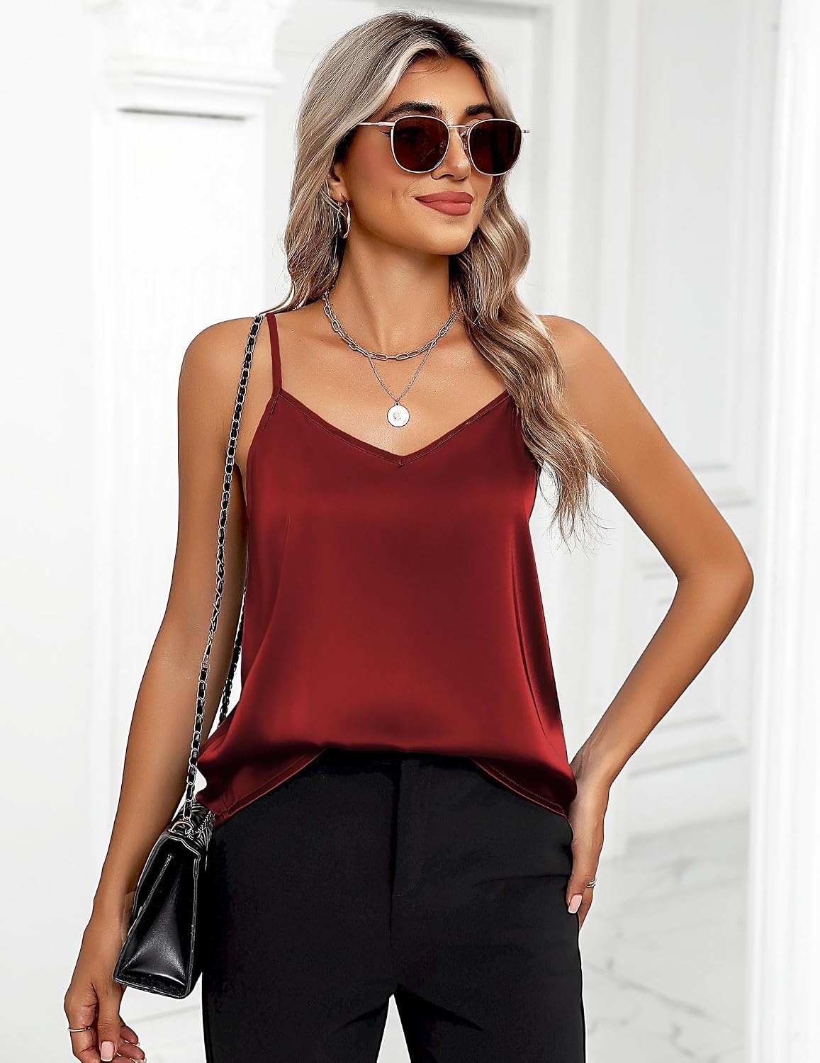 image:imageZeagoo Womens Silk Satin Tank Tops V Neck Sleeveless Camisole Basic Blouse2 Pack Blackwine Red