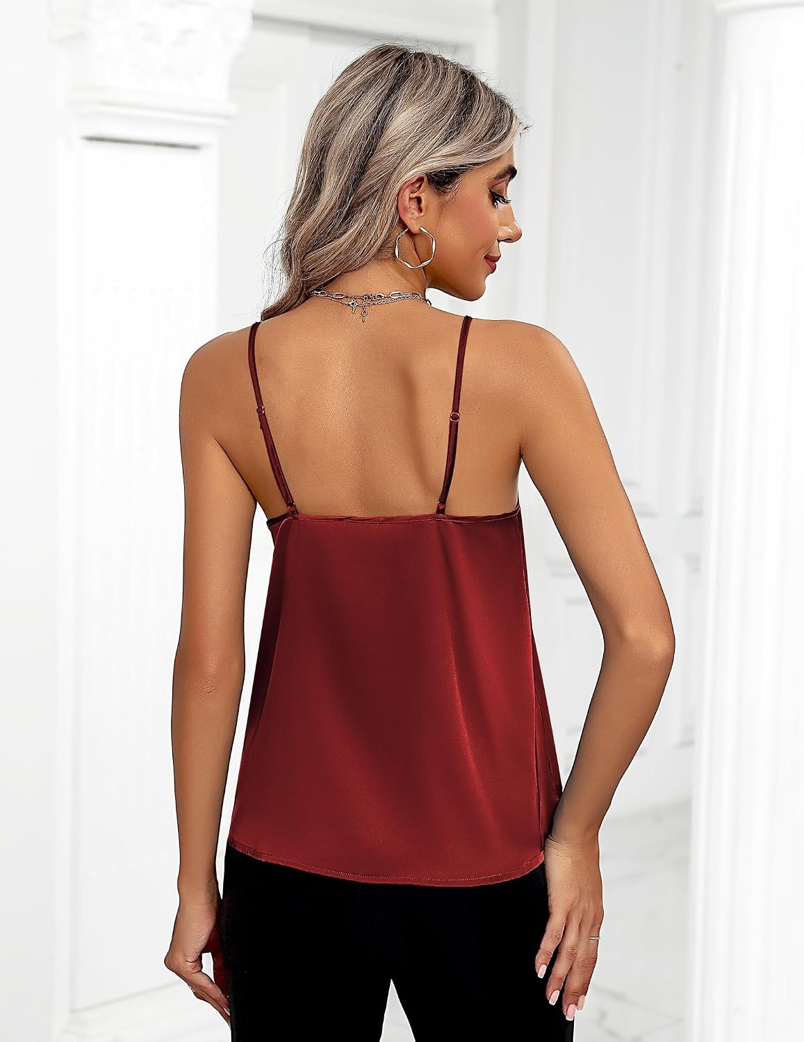 image:imageZeagoo Womens Silk Satin Tank Tops V Neck Sleeveless Camisole Basic Blouse2 Pack Blackwine Red