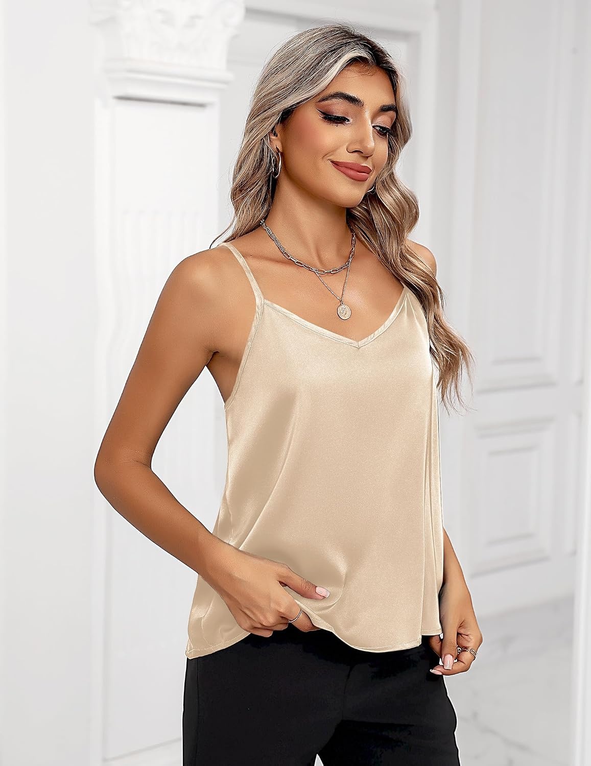 image:imageZeagoo Womens Silk Satin Tank Tops V Neck Sleeveless Camisole Basic Blouse2 Pack Caramellight Khaki