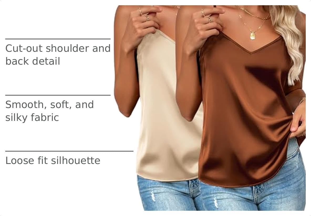 image:imageZeagoo Womens Silk Satin Tank Tops V Neck Sleeveless Camisole Basic Blouse2 Pack Caramellight Khaki