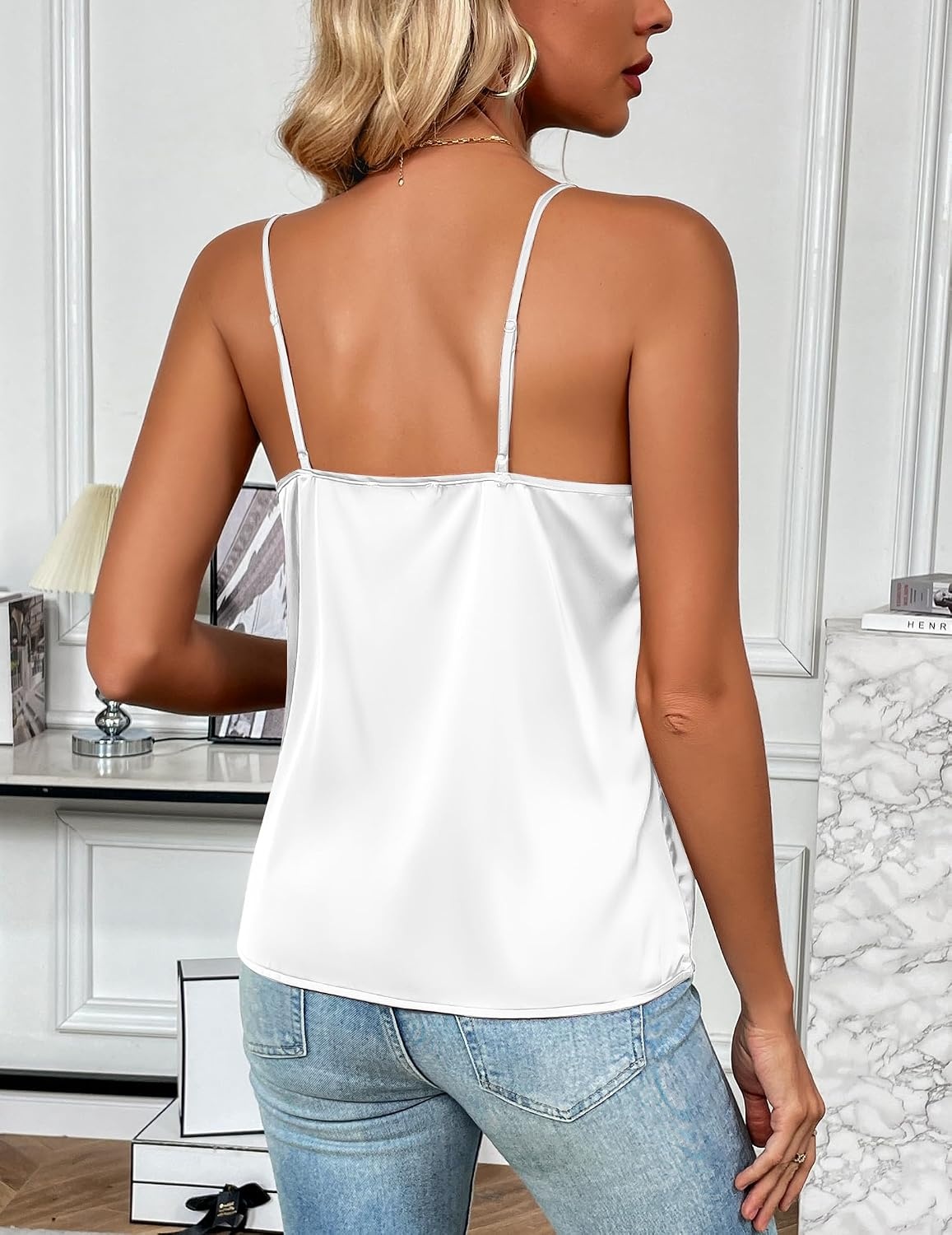 image:imageZeagoo Womens Silk Satin Tank Tops V Neck Sleeveless Camisole Basic Blouse2 Pack Champagnewhite