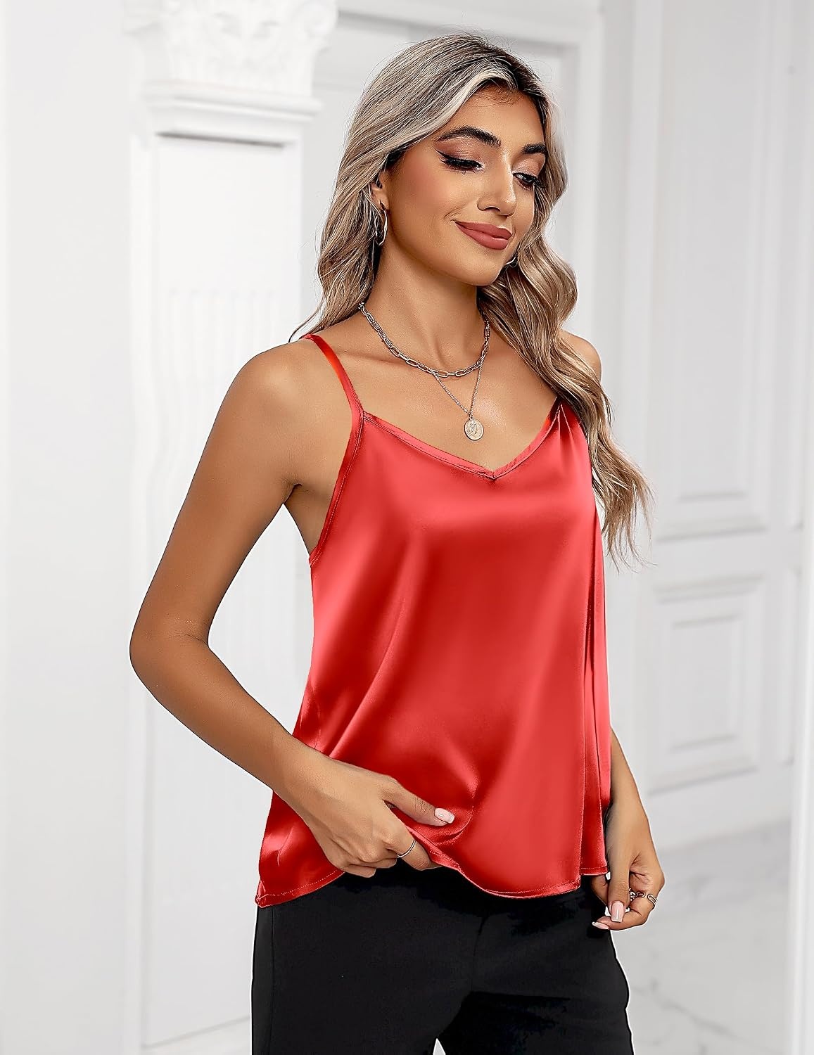 image:imageZeagoo Womens Silk Satin Tank Tops V Neck Sleeveless Camisole Basic BlouseAbig Red