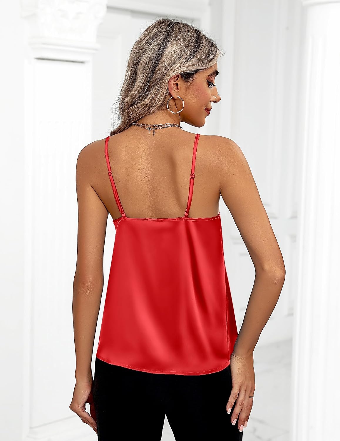 image:imageZeagoo Womens Silk Satin Tank Tops V Neck Sleeveless Camisole Basic BlouseAbig Red