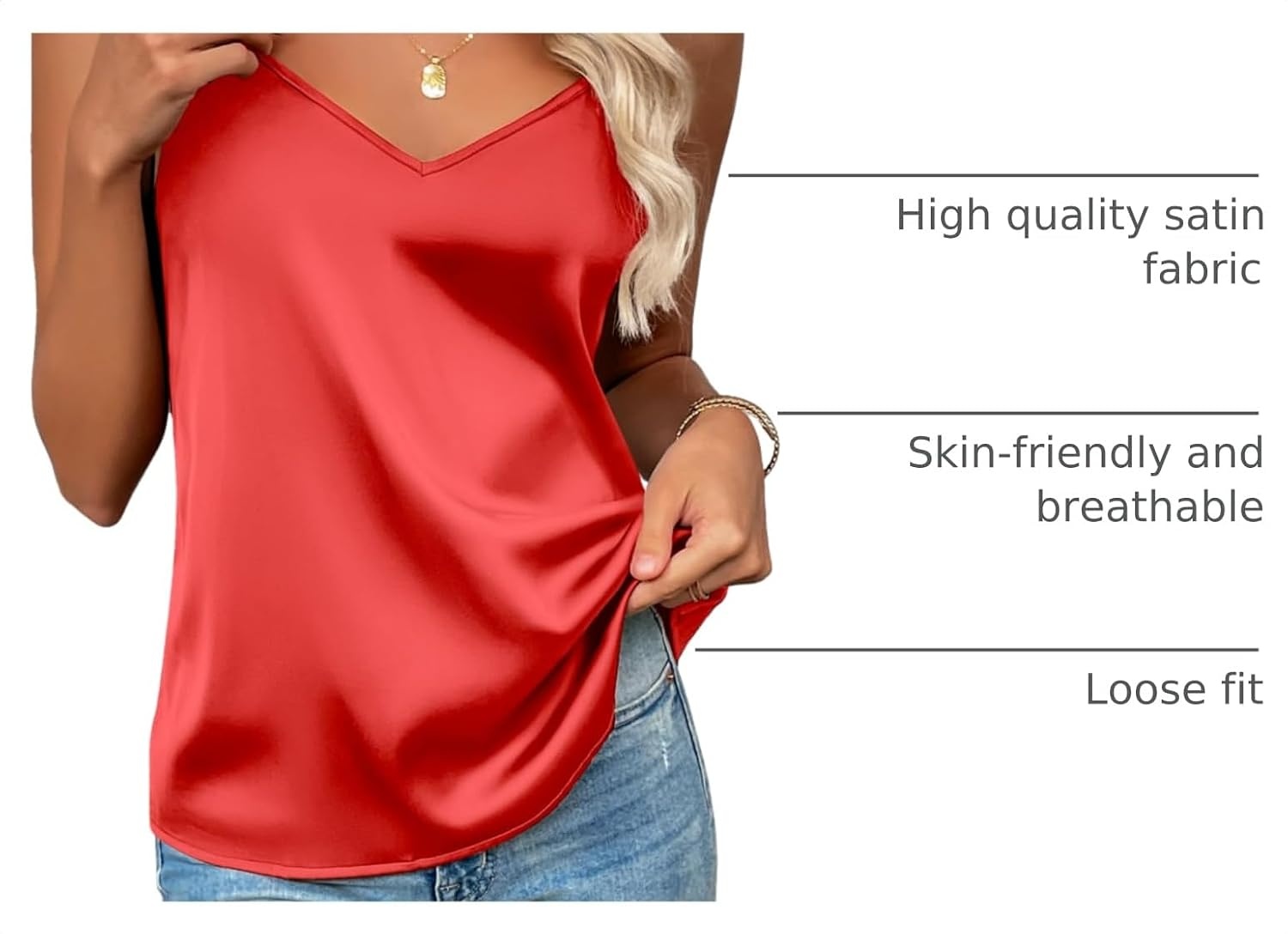image:imageZeagoo Womens Silk Satin Tank Tops V Neck Sleeveless Camisole Basic BlouseAbig Red