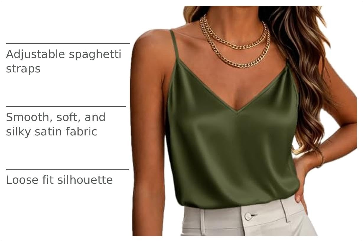 image:imageZeagoo Womens Silk Satin Tank Tops V Neck Sleeveless Camisole Basic BlouseArmy Green