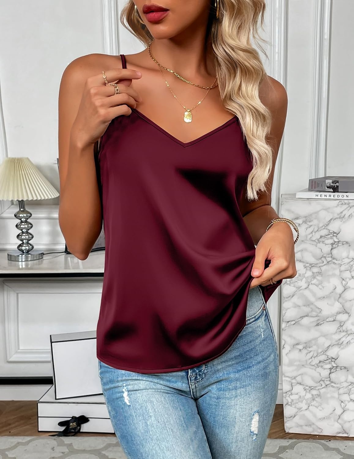 image:imageZeagoo Womens Silk Satin Tank Tops V Neck Sleeveless Camisole Basic BlouseDeep Red