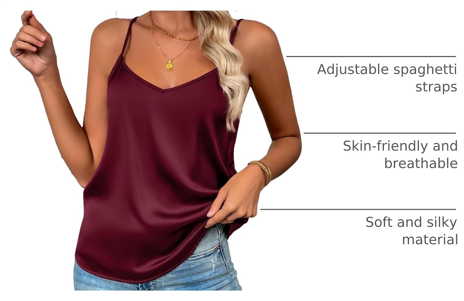 image:imageZeagoo Womens Silk Satin Tank Tops V Neck Sleeveless Camisole Basic BlouseDeep Red
