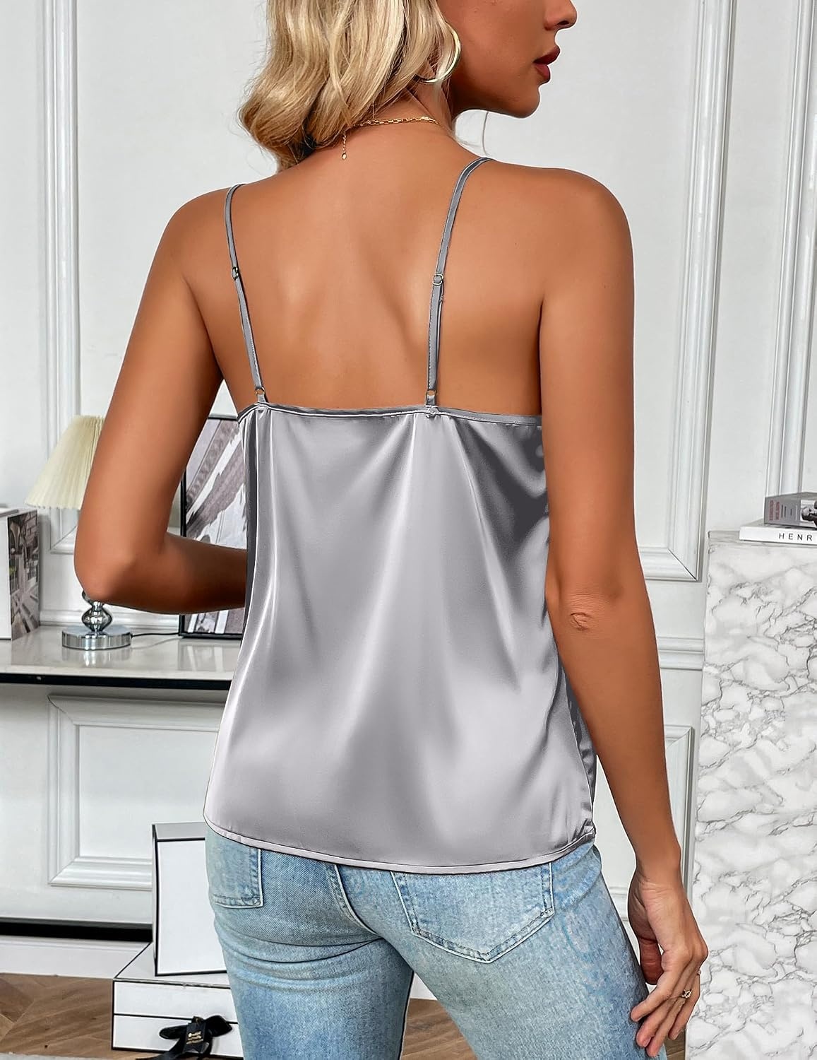 image:imageZeagoo Womens Silk Satin Tank Tops V Neck Sleeveless Camisole Basic BlouseLight Gray