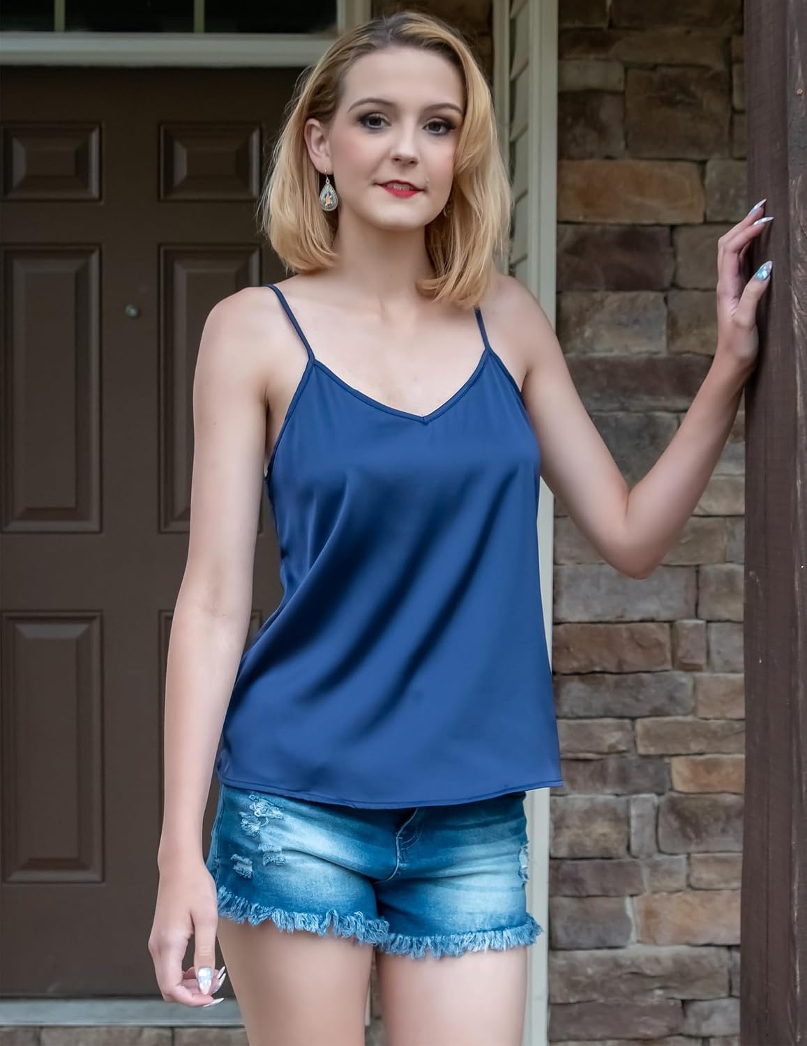 image:imageZeagoo Womens Silk Satin Tank Tops V Neck Sleeveless Camisole Basic BlouseNavy Blue