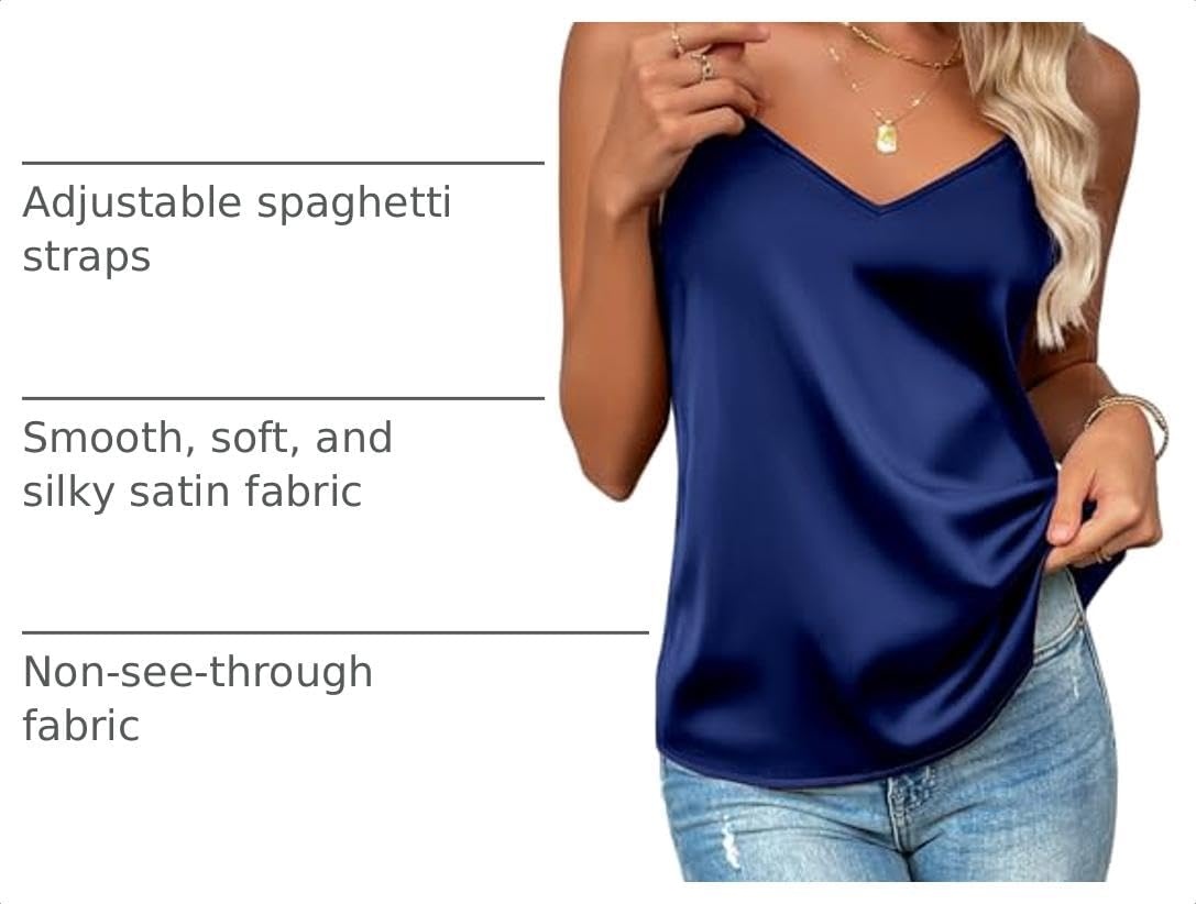 image:imageZeagoo Womens Silk Satin Tank Tops V Neck Sleeveless Camisole Basic BlouseNavy Blue