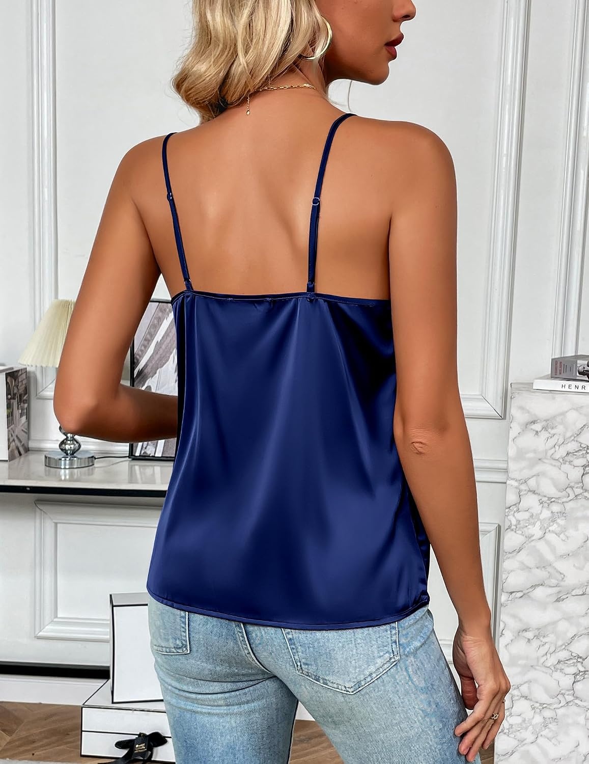 image:imageZeagoo Womens Silk Satin Tank Tops V Neck Sleeveless Camisole Basic BlouseNavy Blue