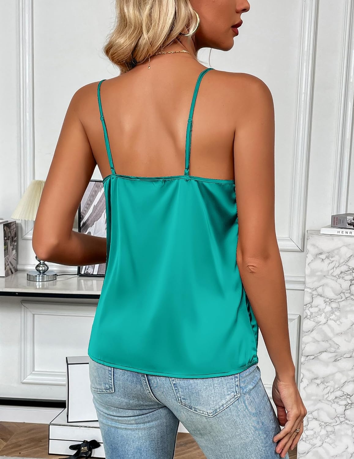 image:imageZeagoo Womens Silk Satin Tank Tops V Neck Sleeveless Camisole Basic BlousePeacock Blue