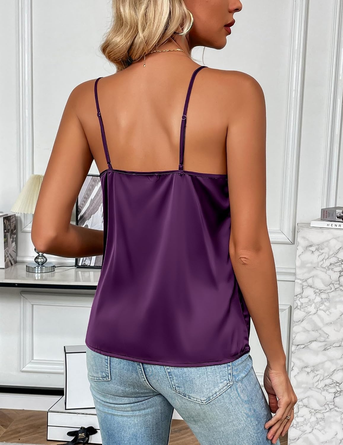 image:imageZeagoo Womens Silk Satin Tank Tops V Neck Sleeveless Camisole Basic BlousePurple