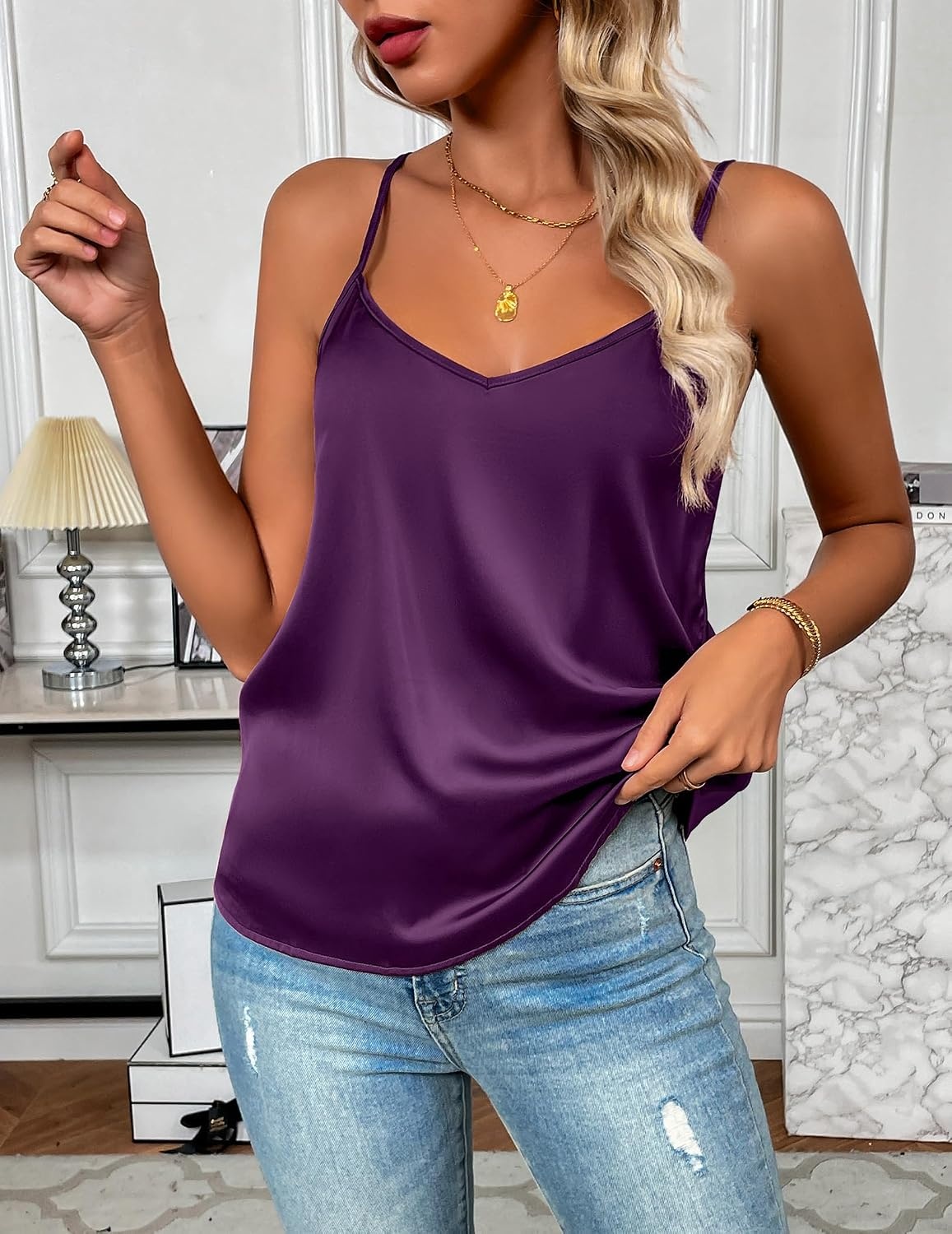 image:imageZeagoo Womens Silk Satin Tank Tops V Neck Sleeveless Camisole Basic BlousePurple