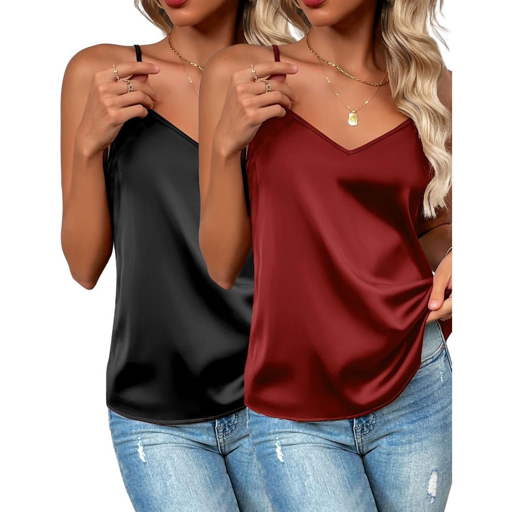 image:imageZeagoo Womens Silk Satin Tank Tops V Neck Sleeveless Camisole Basic Blouse2 Pack Blackwine Red
