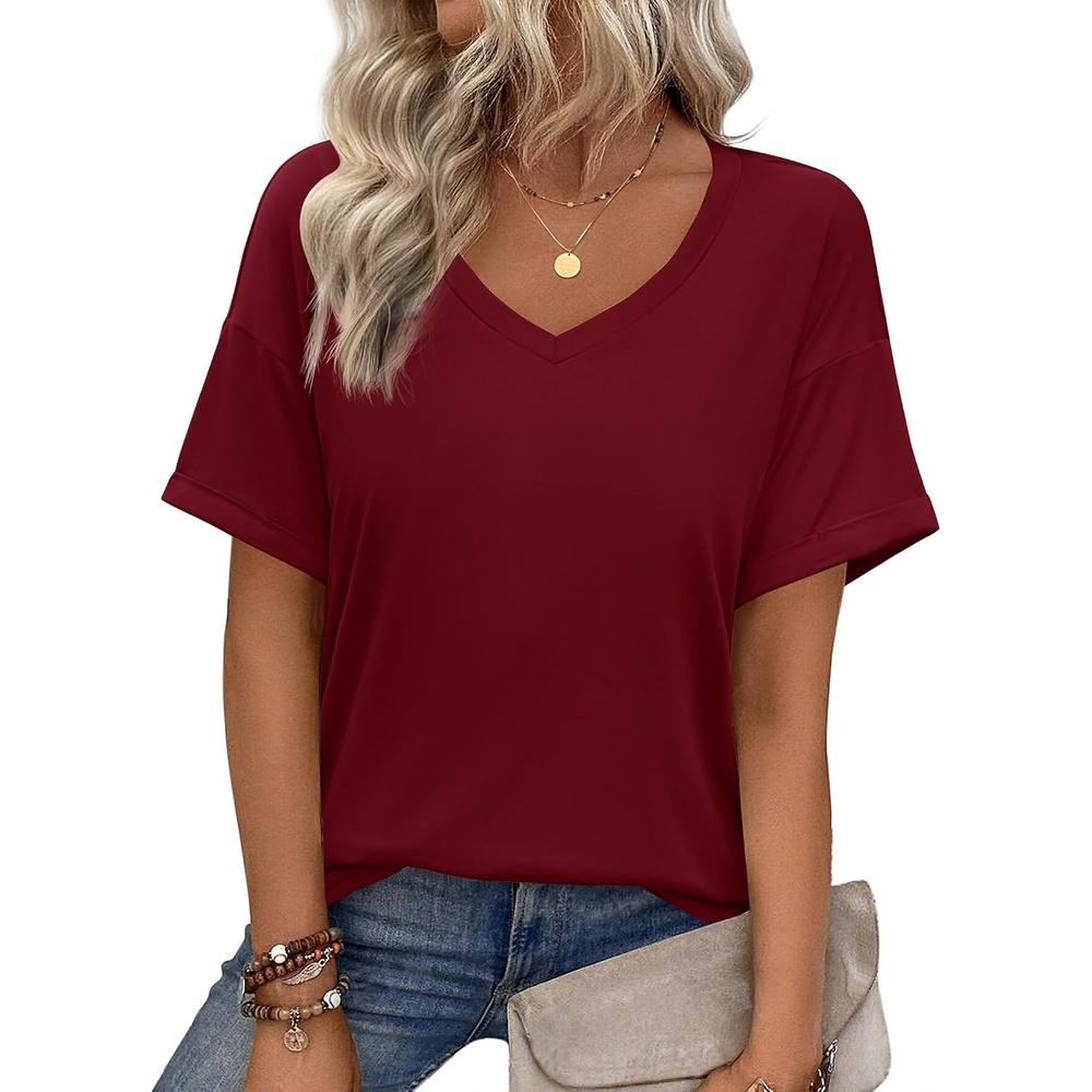 image:imageZeagoo Womens Summer Tops Short Sleeve Work Casual Shirts Trendy V Neck TeeWine Red