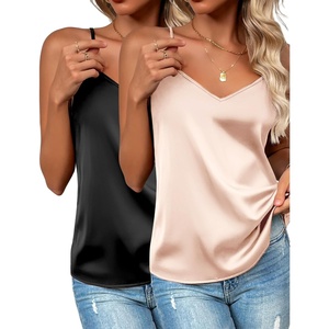 Zeagoo Women’s Silk Satin Tank Tops V Neck Sleeveless Camisole Basic Blouse(2 Pack: Black+champagne)