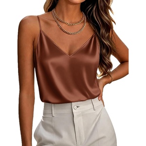 Zeagoo Women’s Silk Satin Tank Tops V Neck Sleeveless Camisole Basic Blouse(Brown)