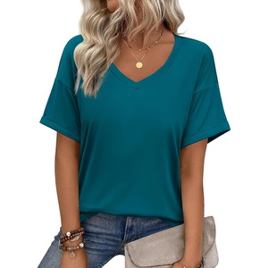 Zeagoo Womens Summer Tops Short Sleeve Work Casual Shirts Trendy V Neck Tee(Blue Green)
