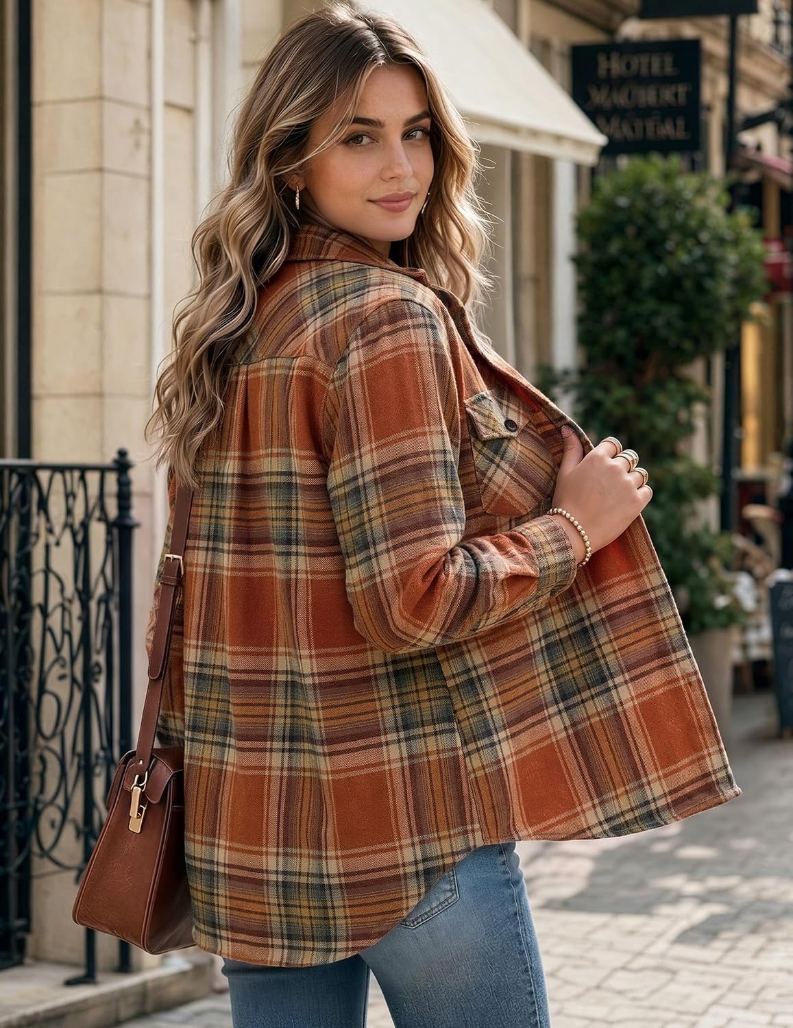 image:imageZeagoo Flannel Shirt Women Plaid Button Down Shackets Long Sleeve Fall Tops2orange Gw185