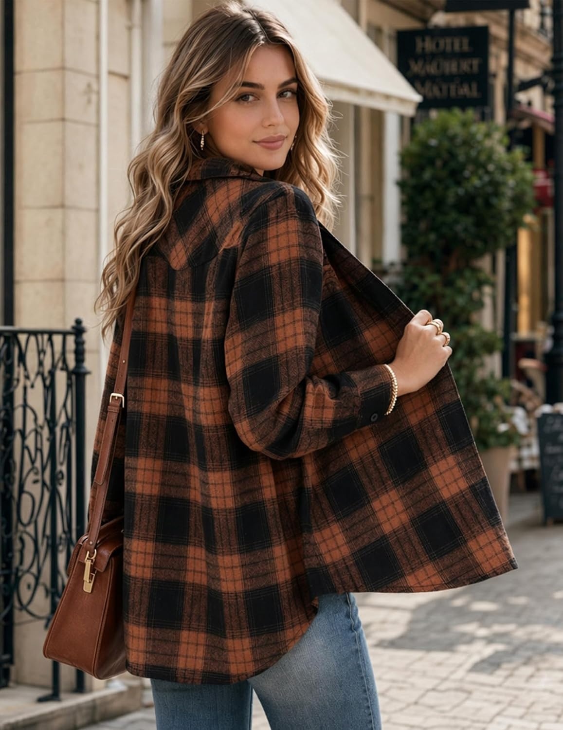 image:imageZeagoo Flannel Shirt Women Plaid Button Down Shackets Long Sleeve Fall TopsAbrowngz803