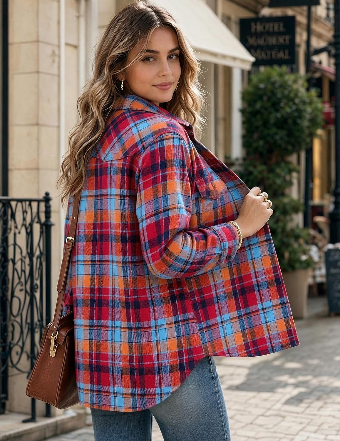 image:imageZeagoo Flannel Shirt Women Plaid Button Down Shackets Long Sleeve Fall TopsRedgw550